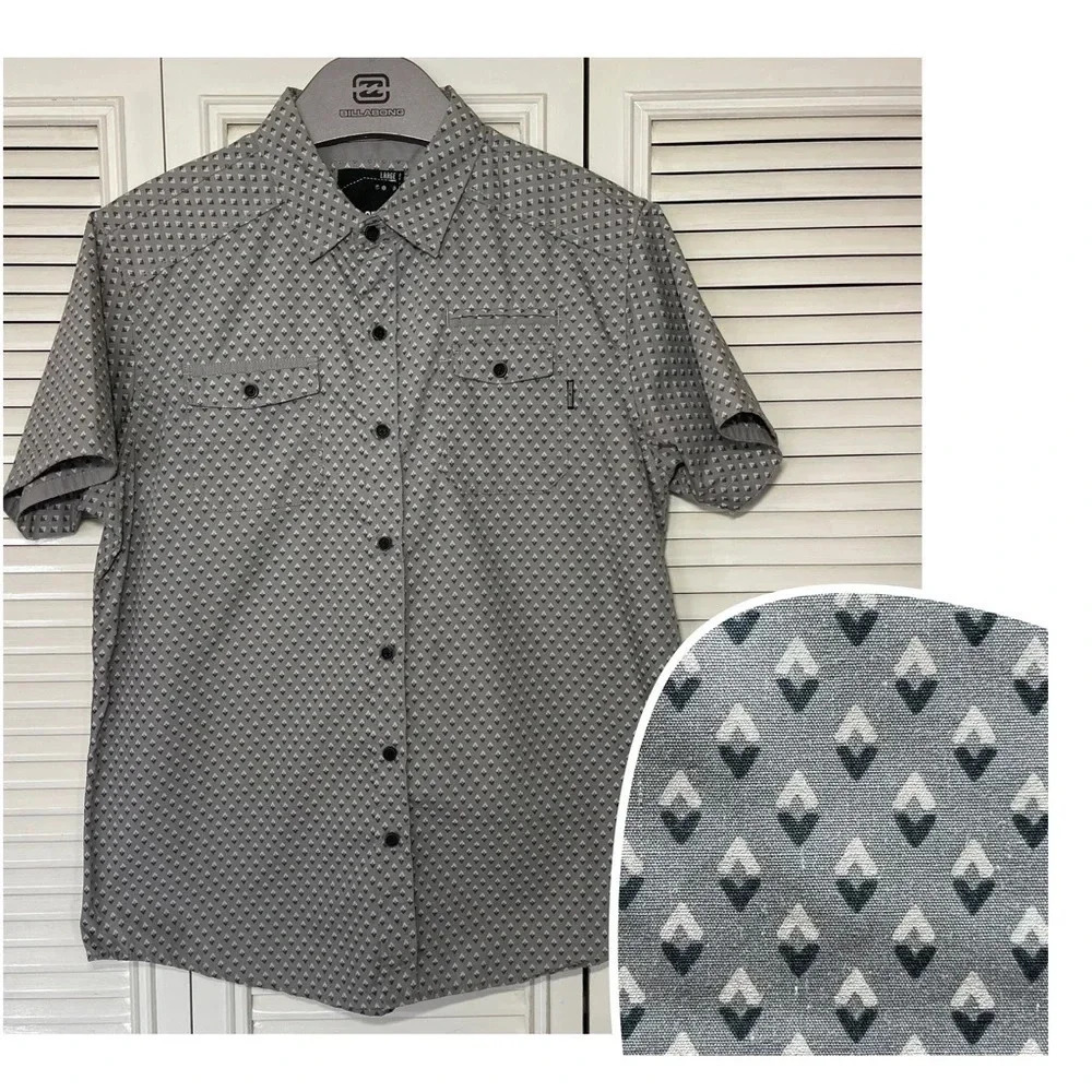 M.O. Seven Casual Button Down Diamond Pattern Print Grey Shirt Men size Large